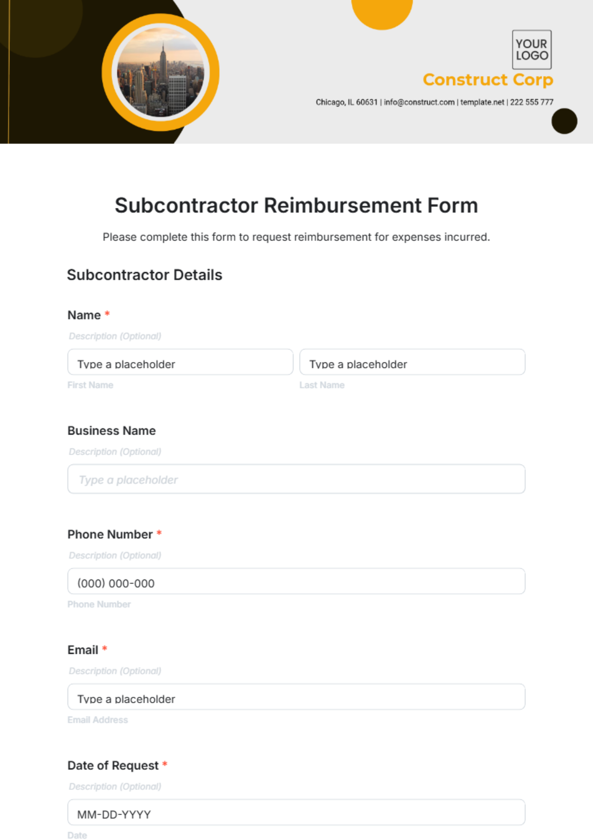 Free Subcontractor Reimbursement Form Template