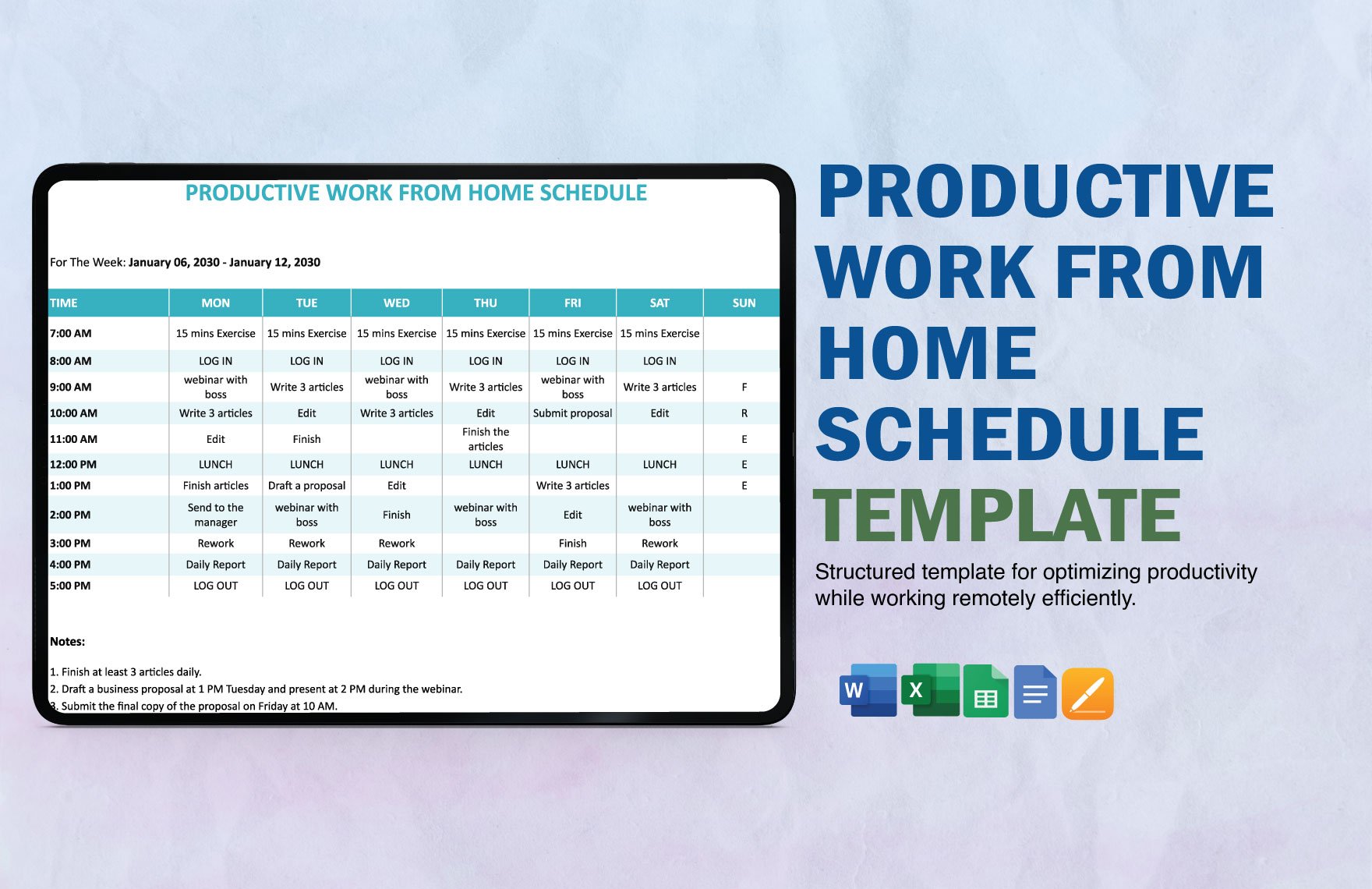 Productive Work From Home Schedule Template in Word, Google Docs, Excel, Google Sheets, Apple Pages