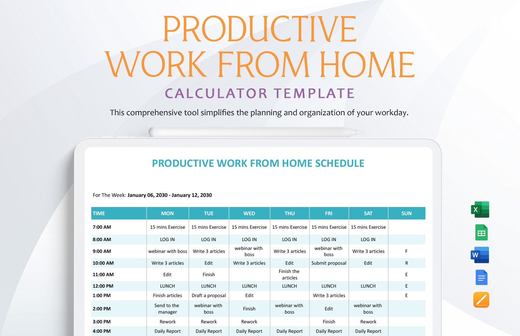 Productive Work From Home Schedule Template in Word, Google Docs, Excel, Google Sheets, Apple Pages
