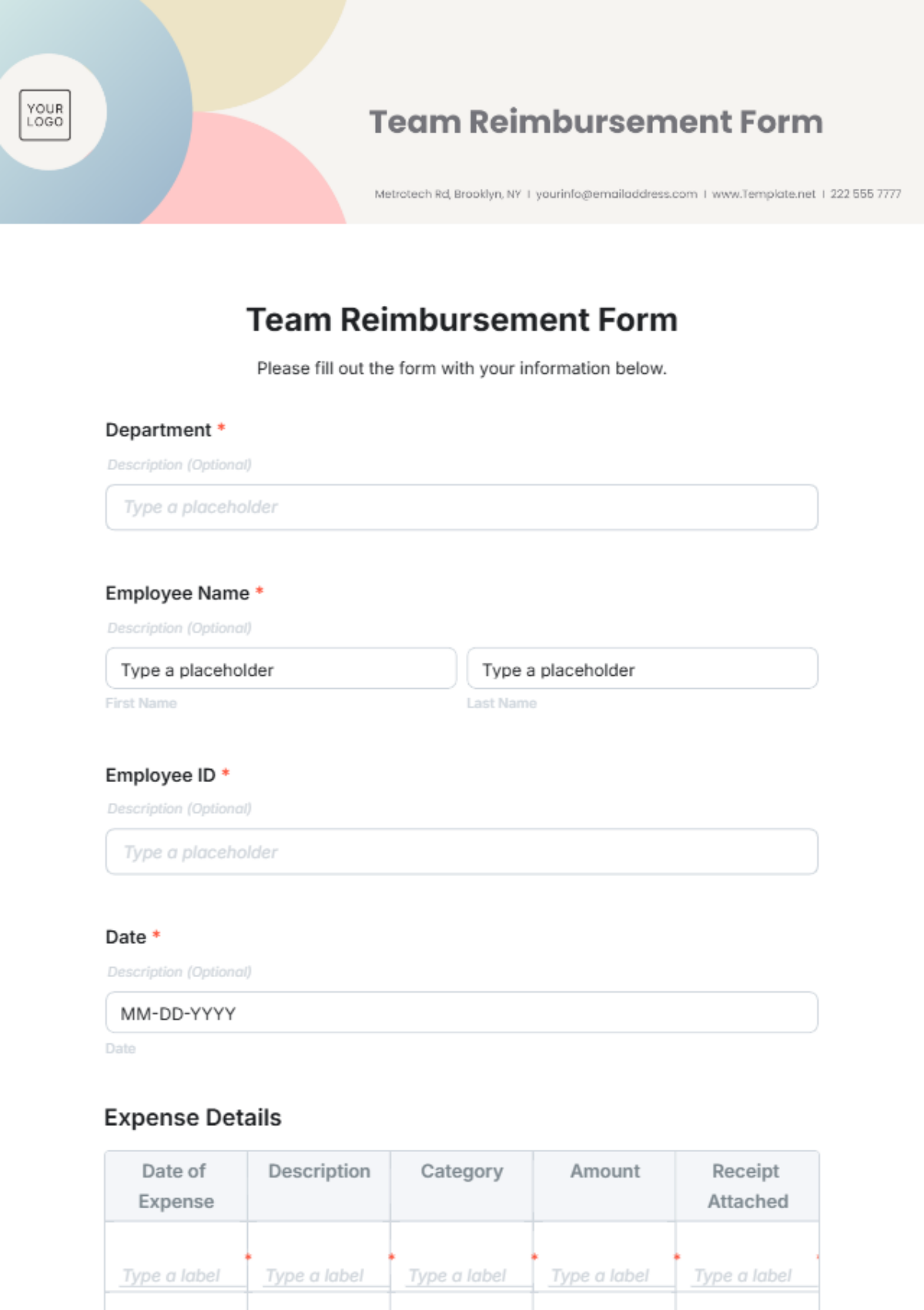 Free Team Reimbursement Form Template