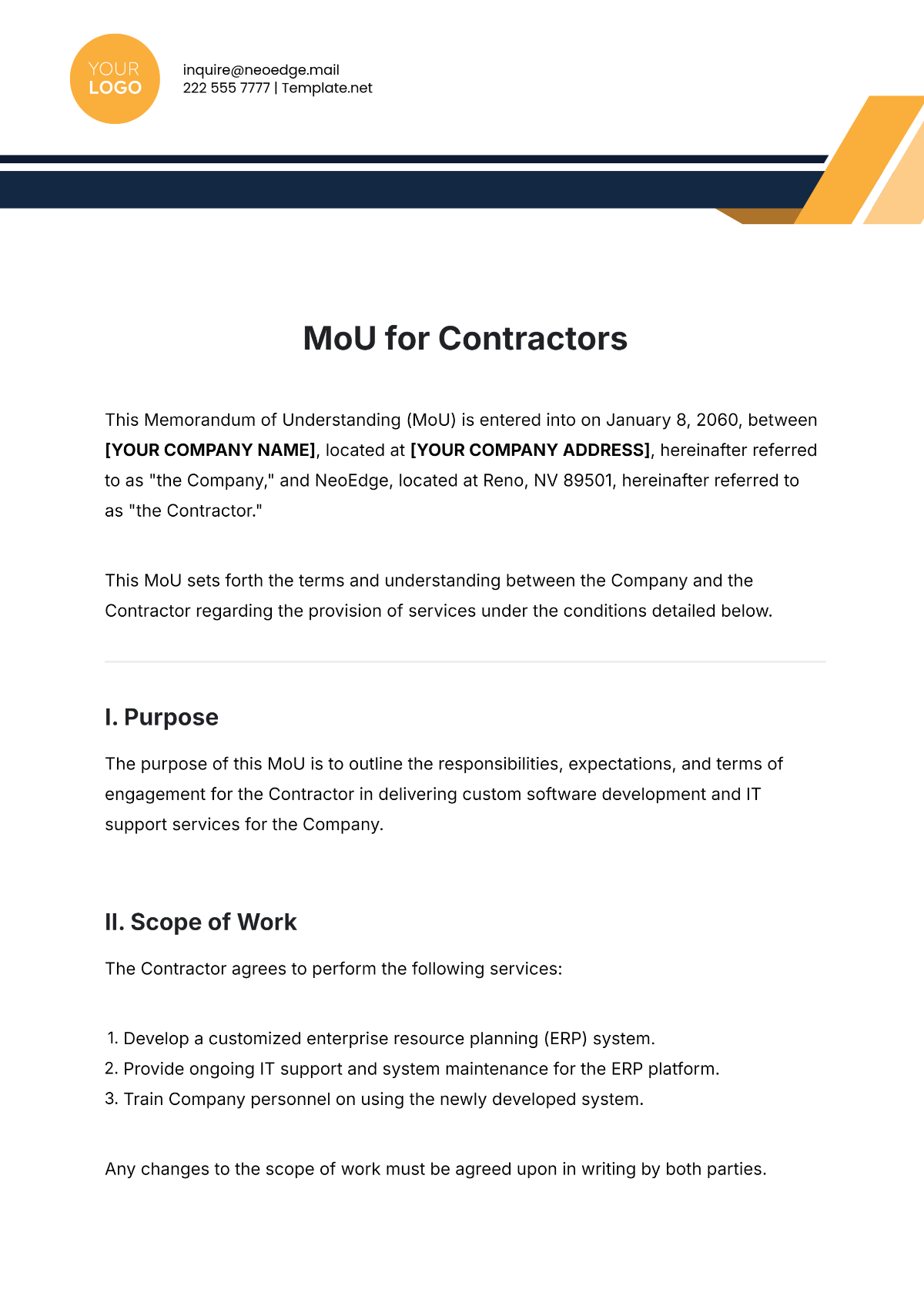 Free MoU Template for Contractors