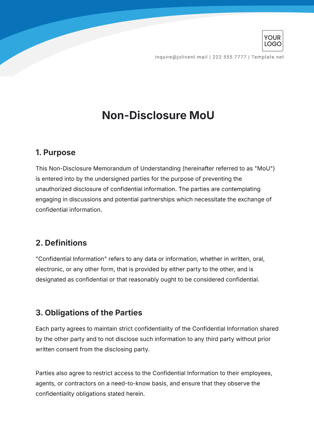 Free Non-Disclosure MoU Template