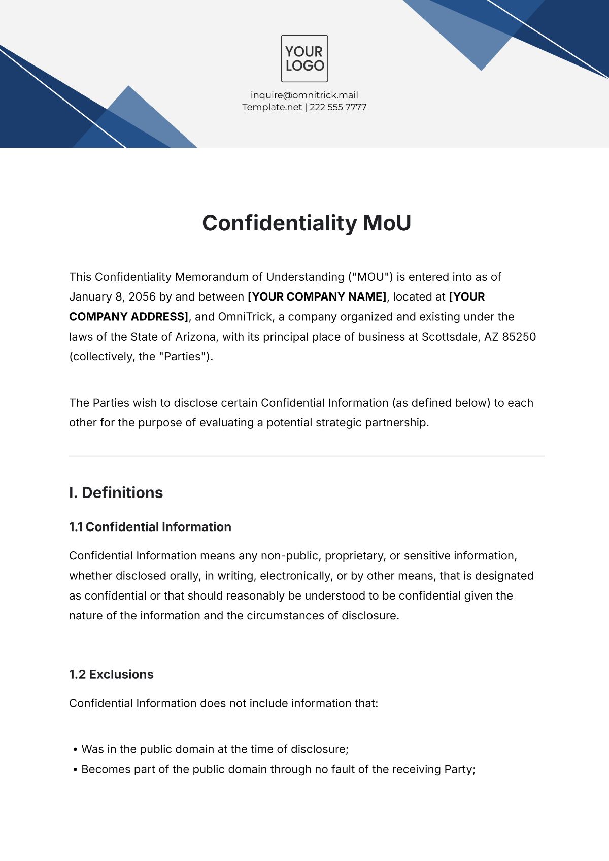 Free Confidentiality MoU Template