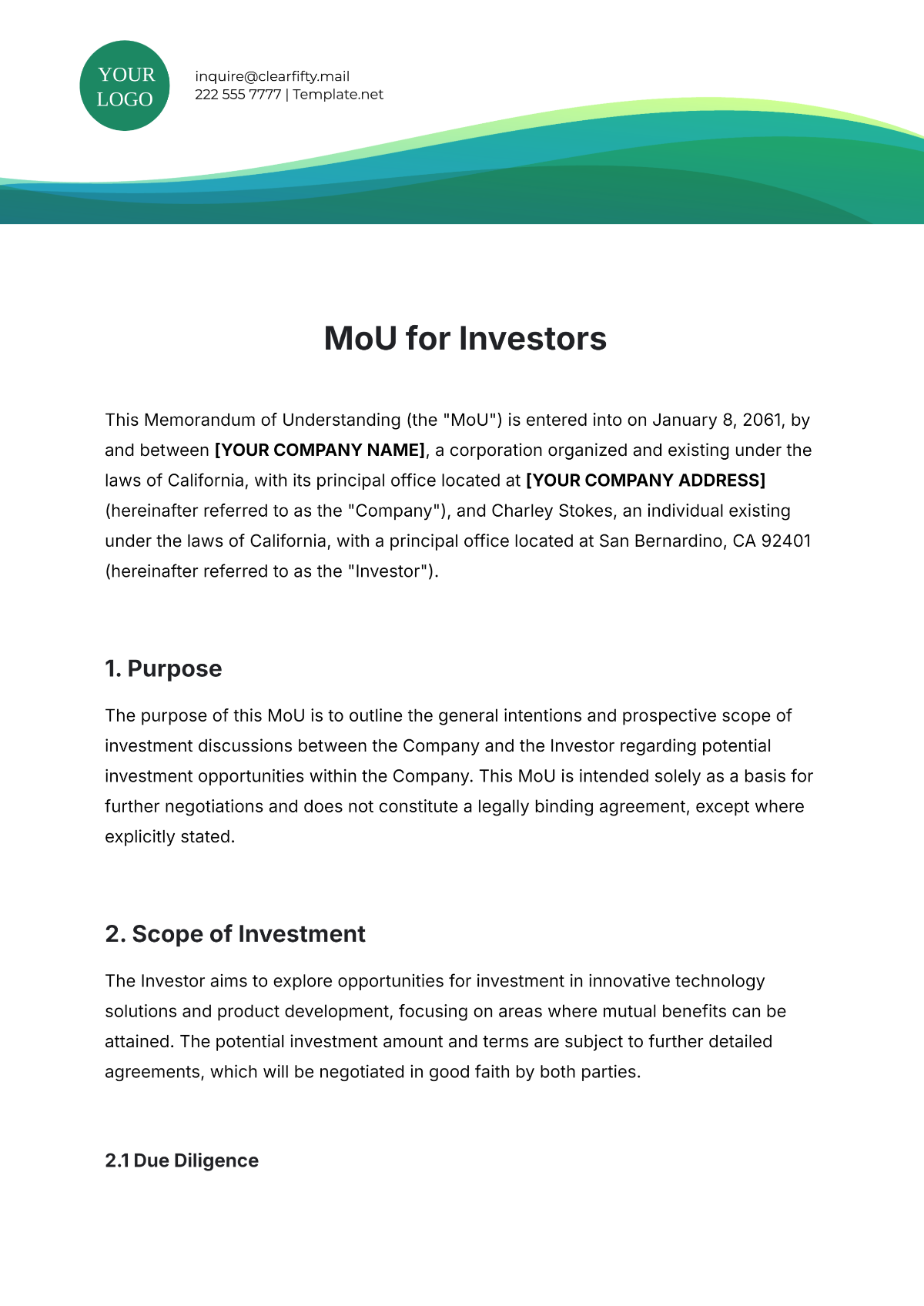 Free MoU Template for Investors