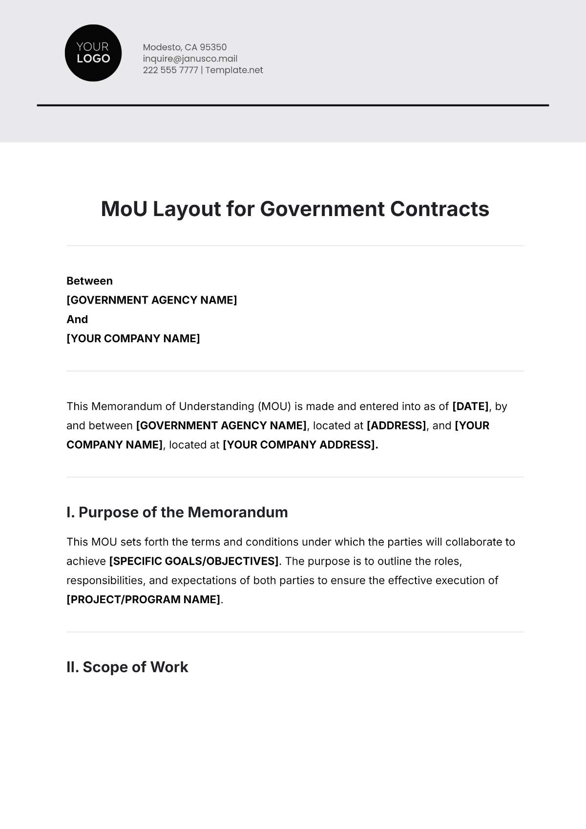 Free MoU Layout Template for Government Contracts