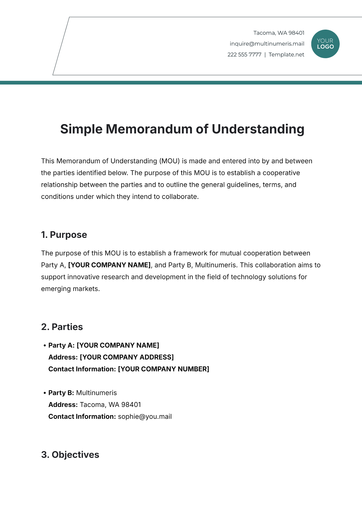 Free Simple Memorandum of Understanding Template