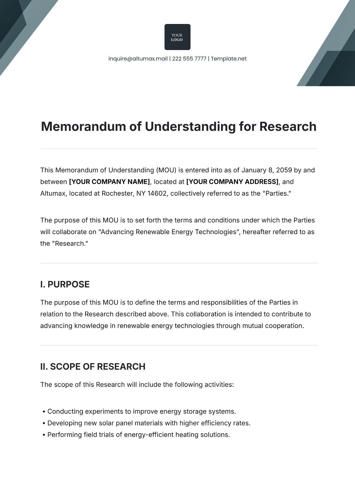 Free Memorandum of Understanding for Research Template