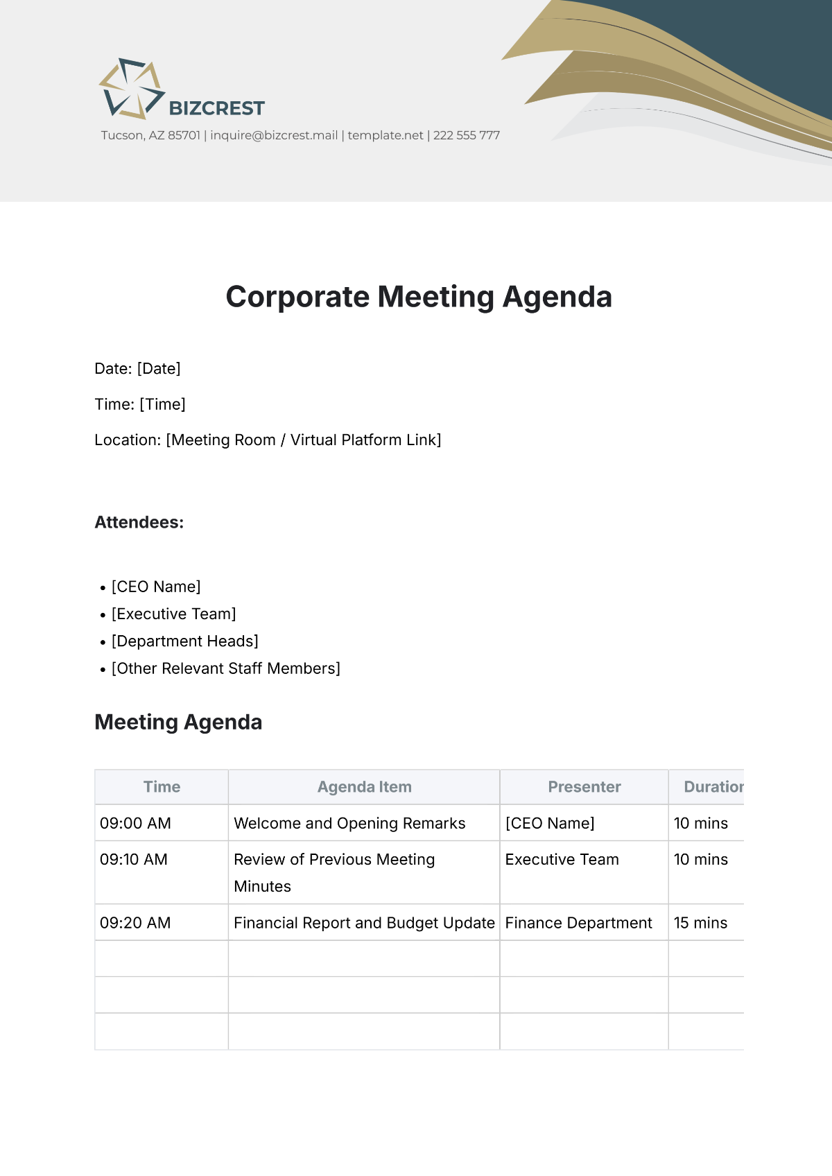 Free Corporate Meeting Agenda Template