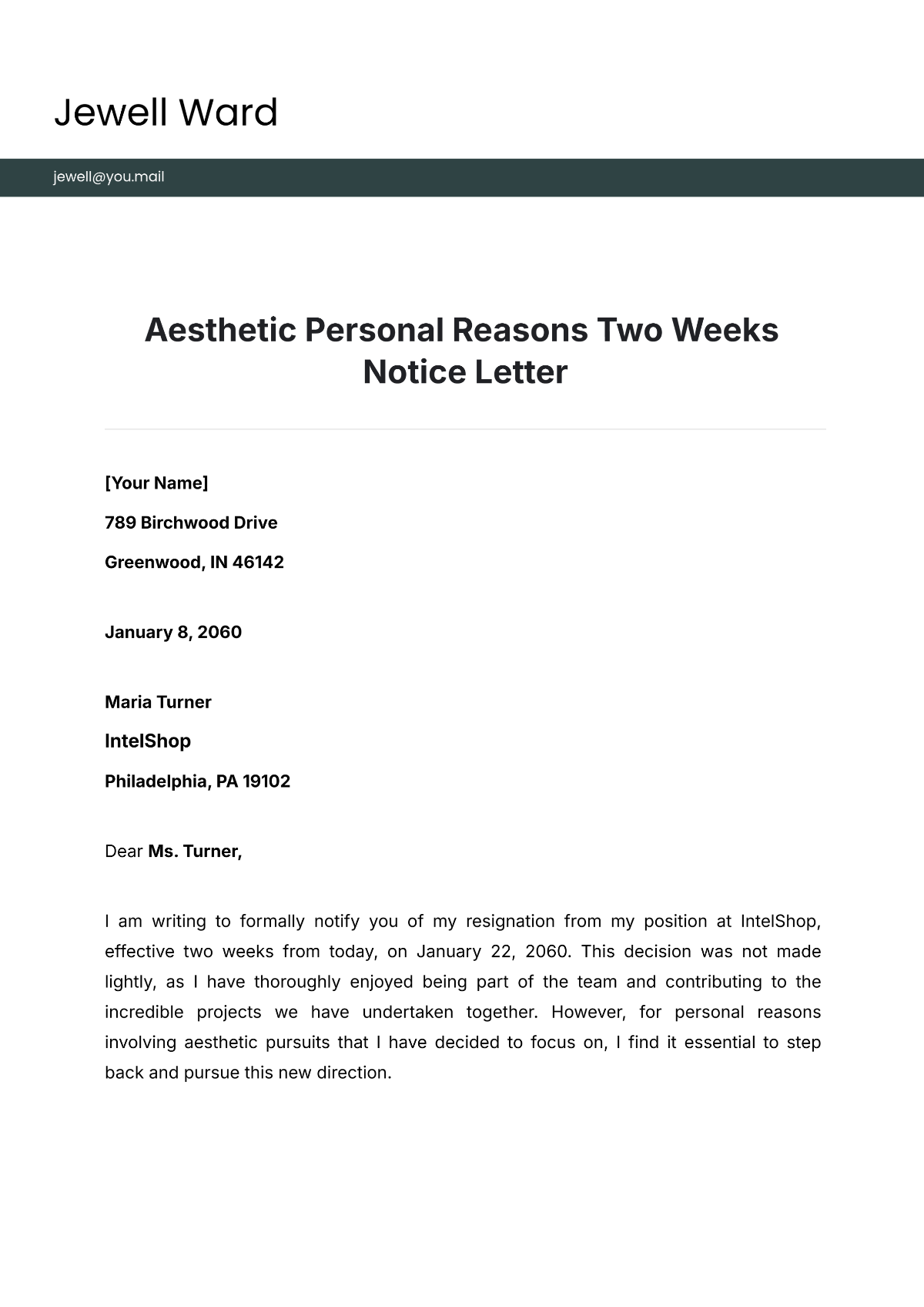 Aesthetic Personal Reasons Two Weeks Notice Letter Template - Edit Online & Download