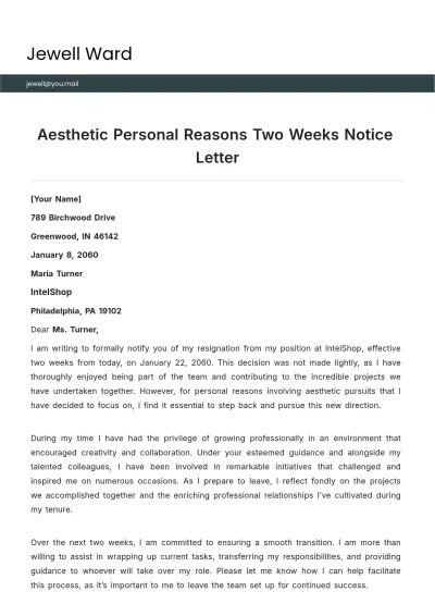 Free Aesthetic Personal Reasons Two Weeks Notice Letter Template to Edit Online