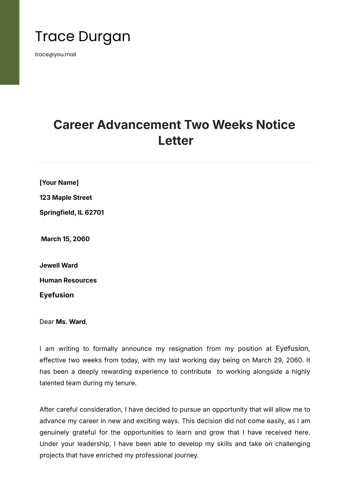 Career Advancement Two Weeks Notice Letter Template - Edit Online & Download