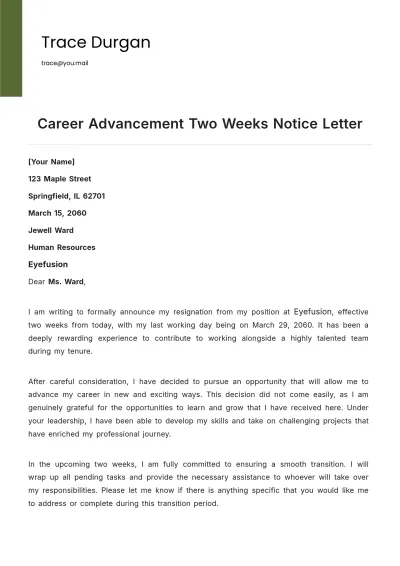 Free Career Advancement Two Weeks Notice Letter Template to Edit Online