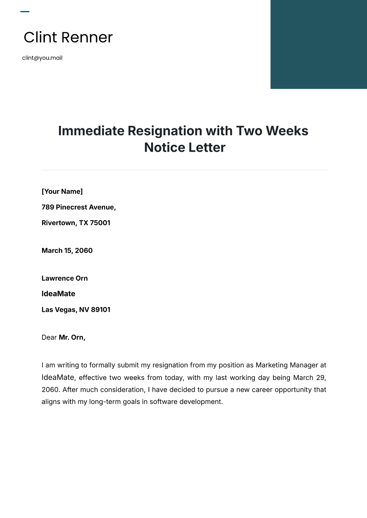 Immediate Resignation with Two Weeks Notice Letter Template - Edit Online & Download