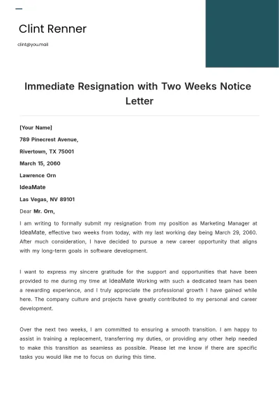 Free Immediate Resignation with Two Weeks Notice Letter Template to Edit Online