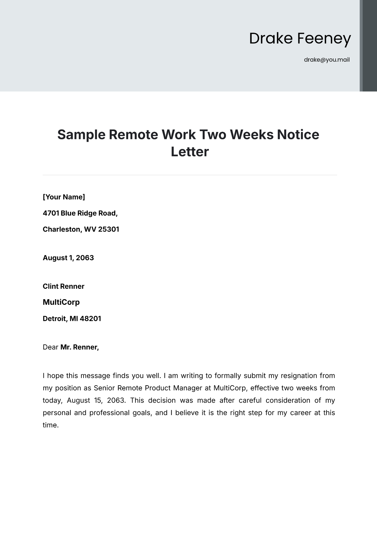 Sample Remote Work Two Weeks Notice Letter Template | Template.net