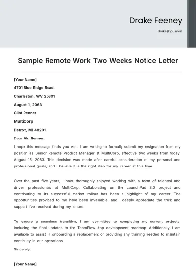 Free Sample Remote Work Two Weeks Notice Letter Template to Edit Online