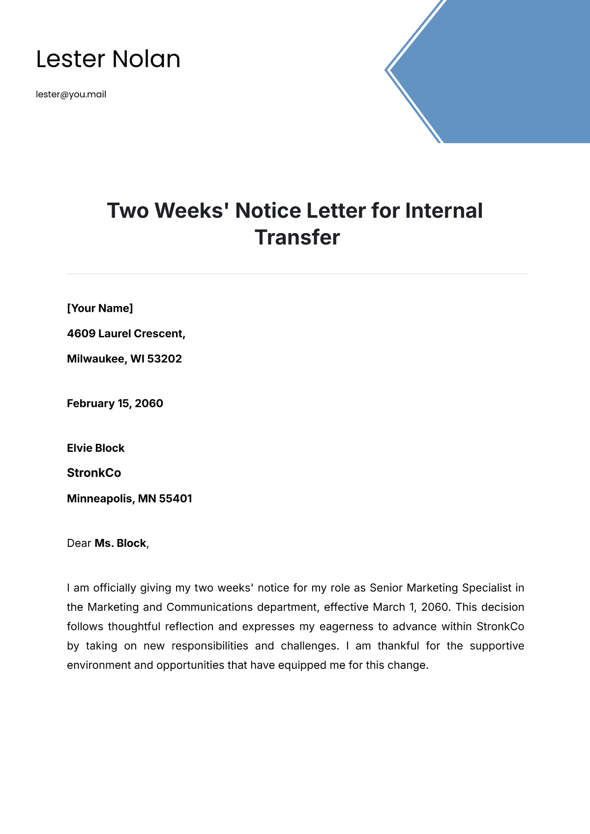 Two Weeks Notice Letter for Internal Transfer Template - Edit Online & Download