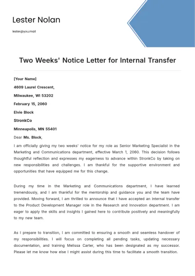 Free Two Weeks Notice Letter for Internal Transfer Template to Edit Online