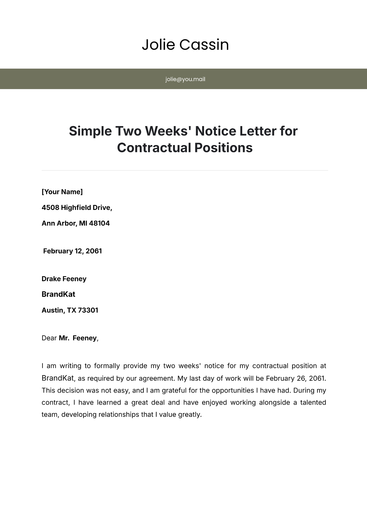 Simple Two Weeks Notice Letter for Contractual Positions Template - Edit Online & Download