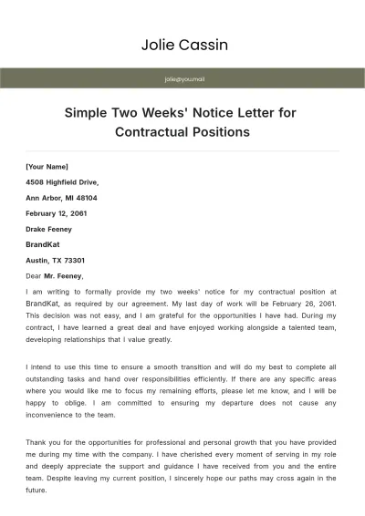 Free Simple Two Weeks Notice Letter for Contractual Positions Template to Edit Online