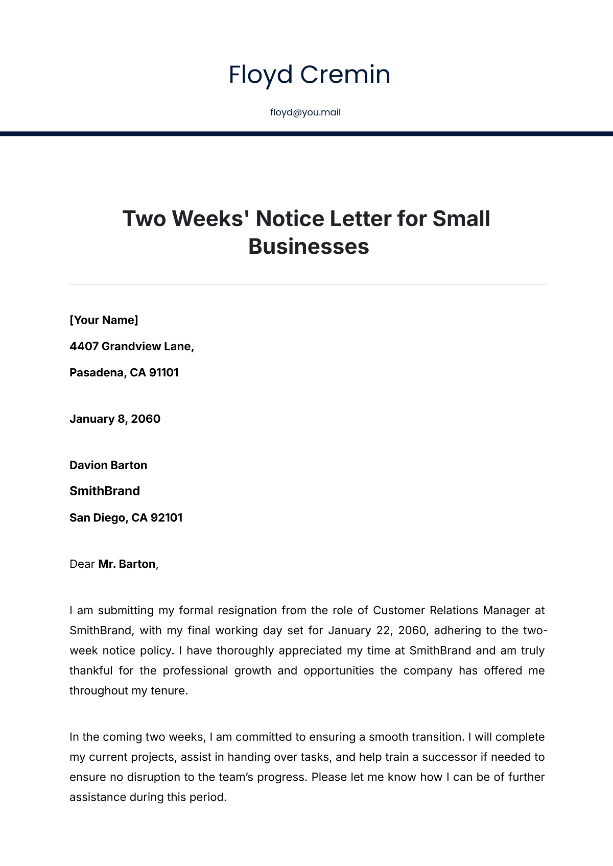 Two Weeks Notice Letter for Small Businesses Template - Edit Online & Download