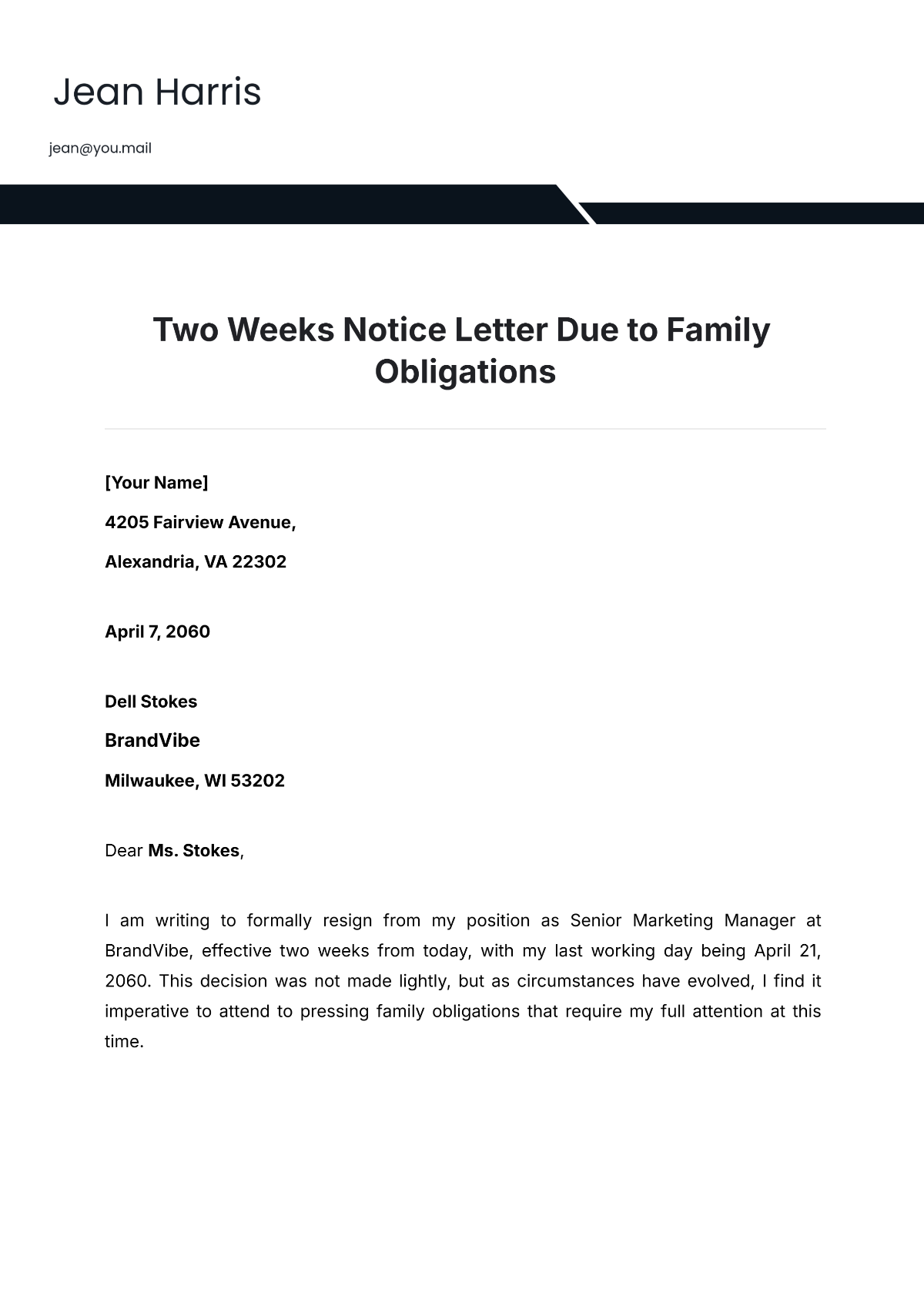 Two Weeks Notice Letter Due to Family Obligations Template - Edit Online & Download