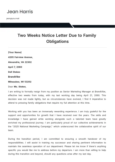 Free Two Weeks Notice Letter Due to Family Obligations Template to Edit Online