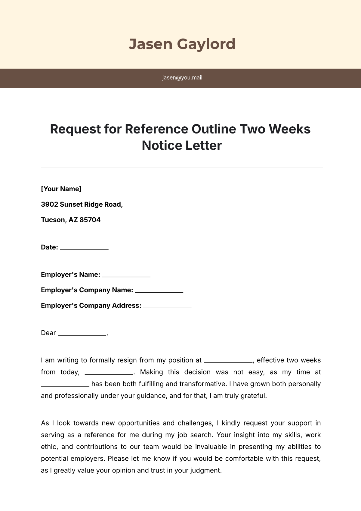 Free Request for Reference Outline Two Weeks Notice Letter Template