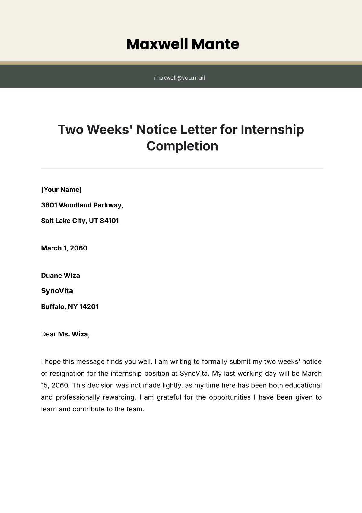 Free Two Weeks Notice Letter for Internship Completion Template