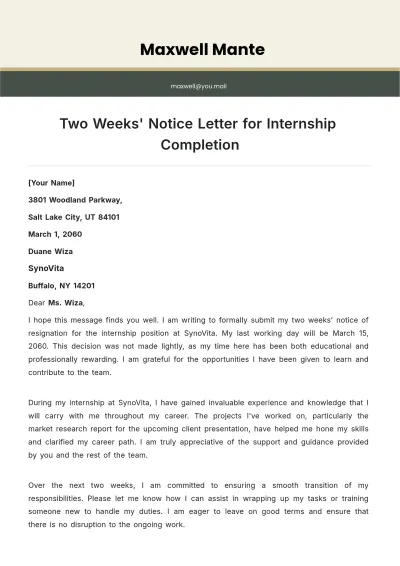 Free Two Weeks Notice Letter for Internship Completion Template to Edit Online