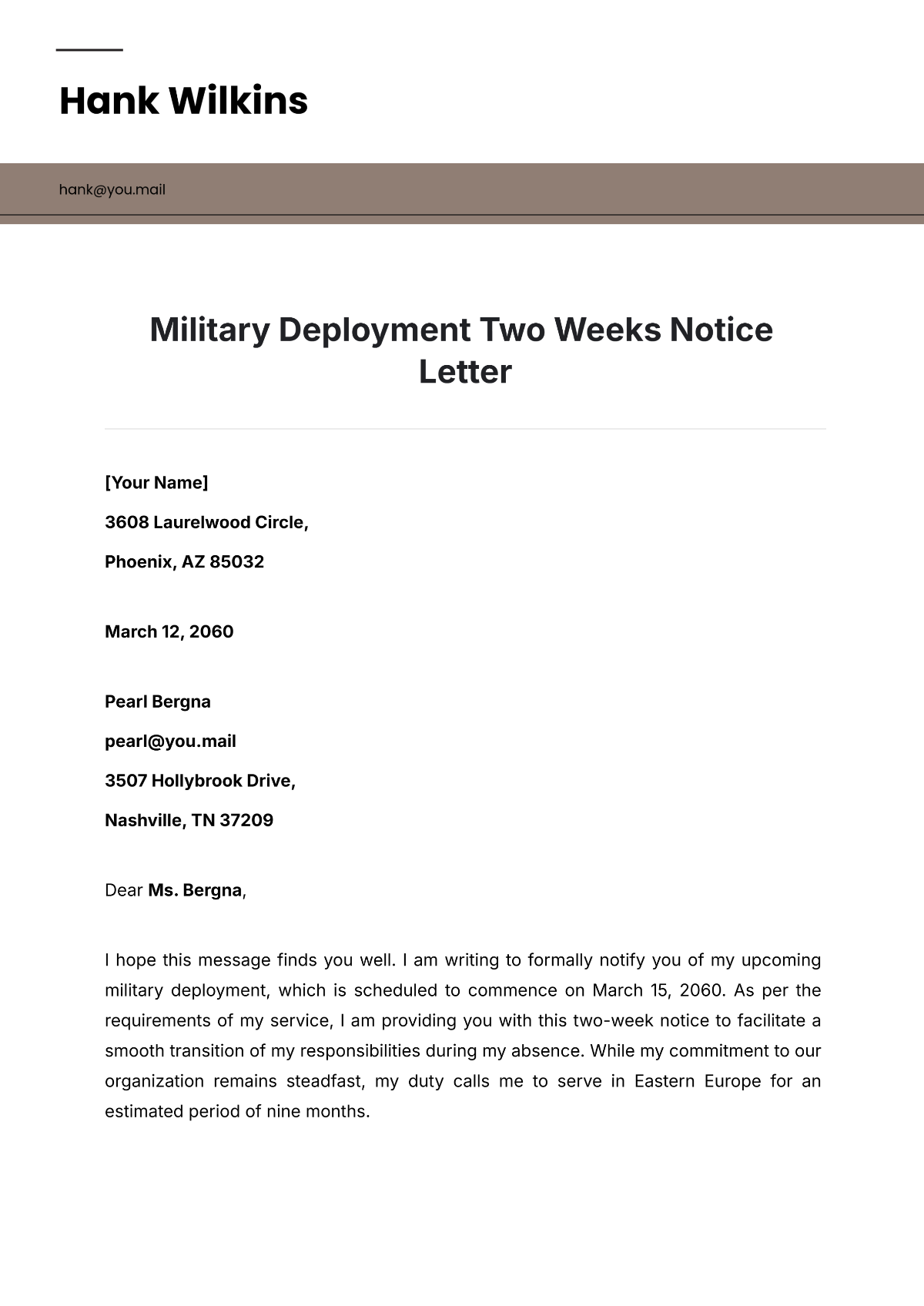 Free Military Deployment Two Weeks Notice Letter Template