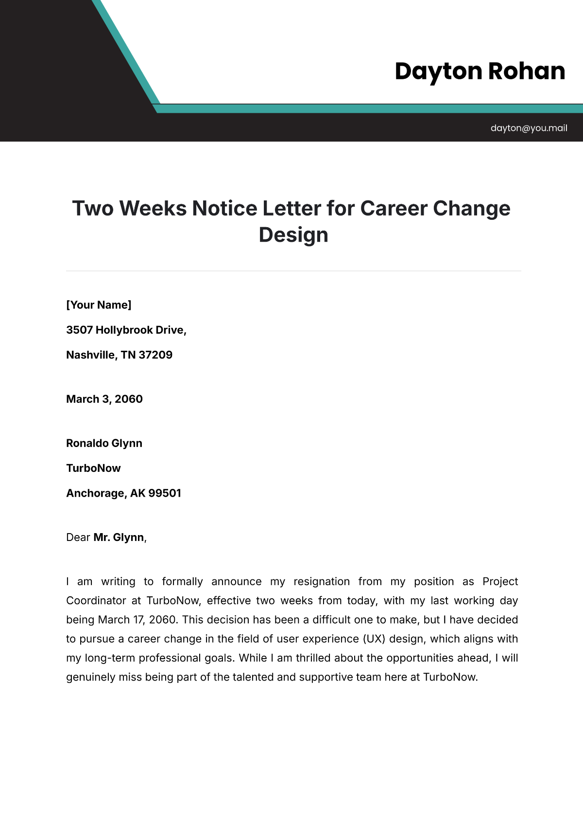 Free Two Weeks Notice Letter for Career Change Design Template