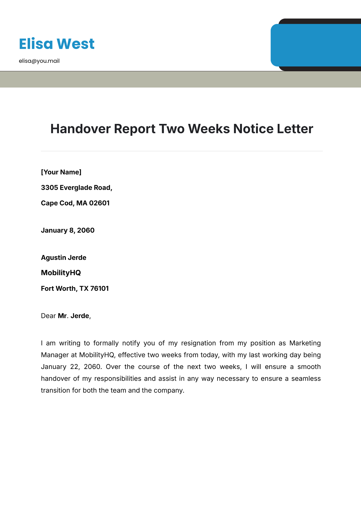 Free Handover Report Two Weeks Notice Letter Template