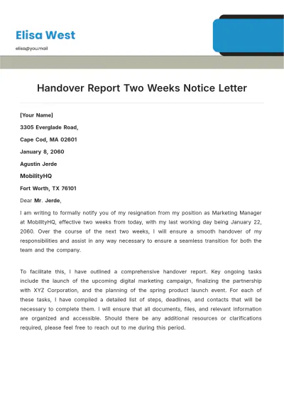 Free Handover Report Two Weeks Notice Letter Template to Edit Online