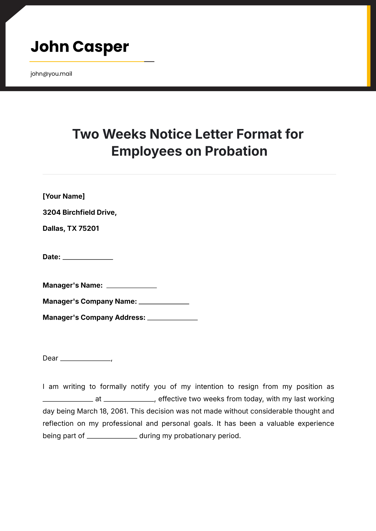 Free Two Weeks Notice Letter Format for Employees on Probation Template