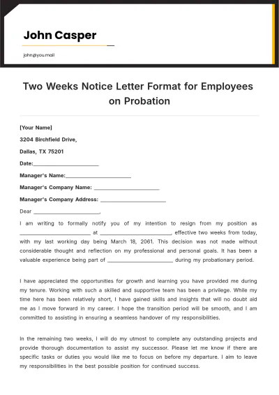 Free Two Weeks Notice Letter Format for Employees on Probation Template to Edit Online