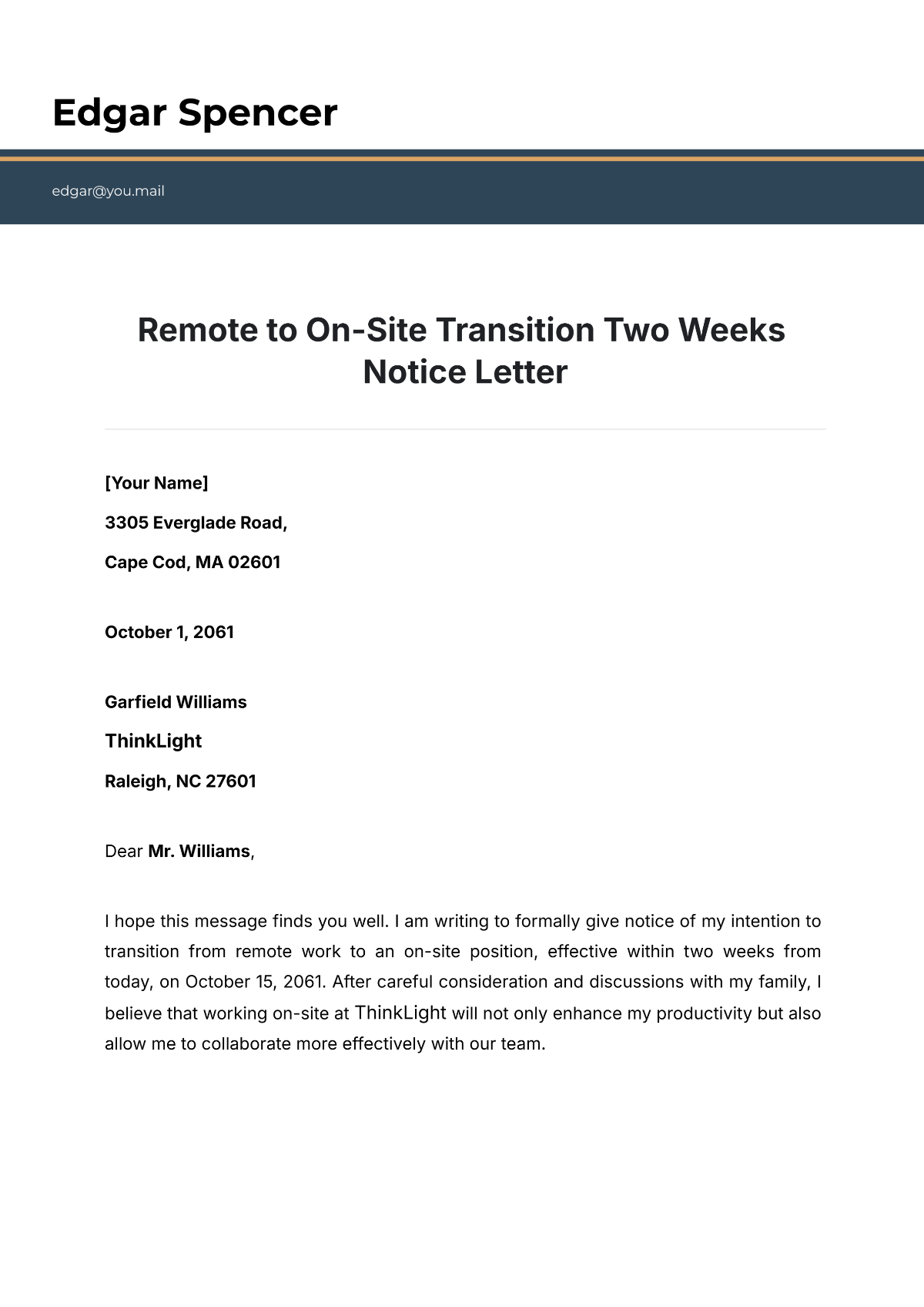 Free Remote to On-Site Transition Two Weeks Notice Letter Template