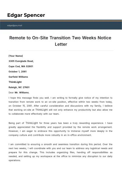 Free Remote to On-Site Transition Two Weeks Notice Letter Template to Edit Online