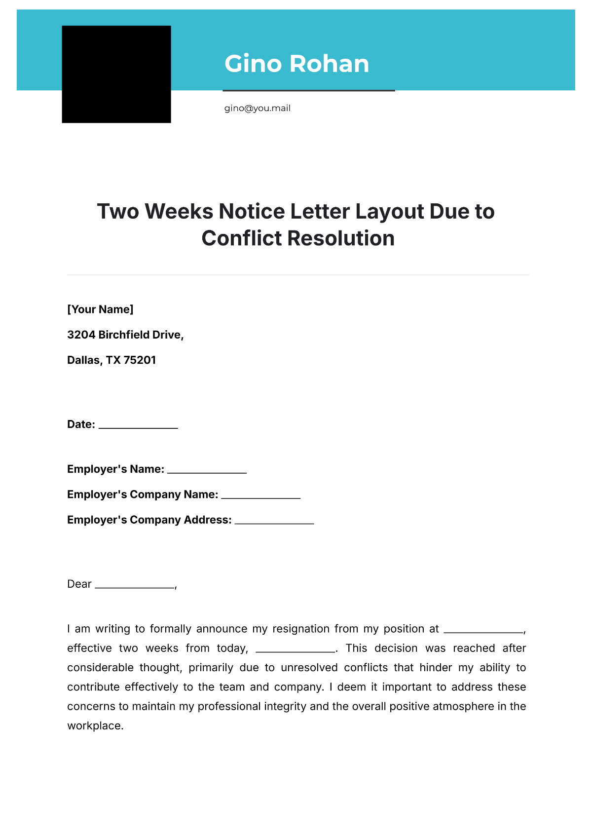 Free Two Weeks Notice Letter Layout Due to Conflict Resolution Template