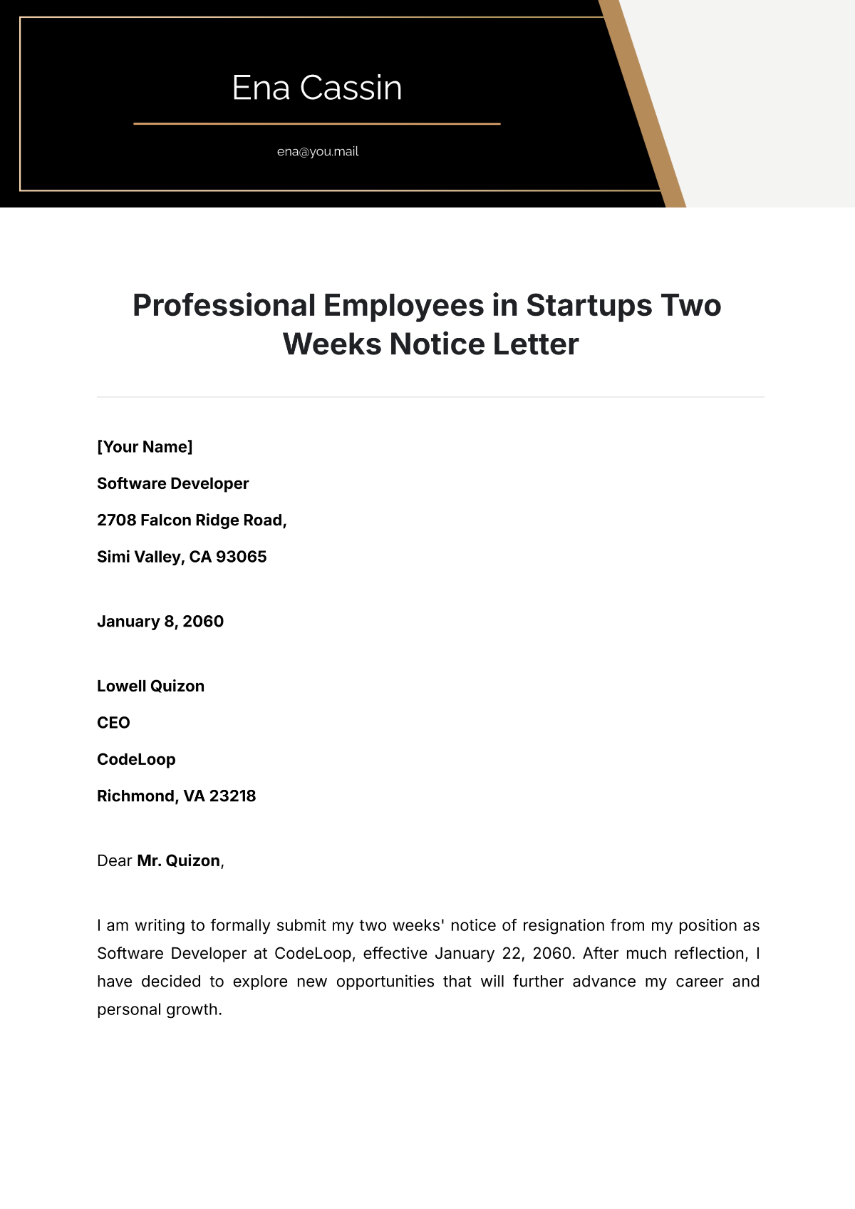 Free Professional Employees in Startups Two Weeks Notice Letter Template