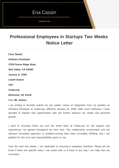 Free Professional Employees in Startups Two Weeks Notice Letter Template to Edit Online