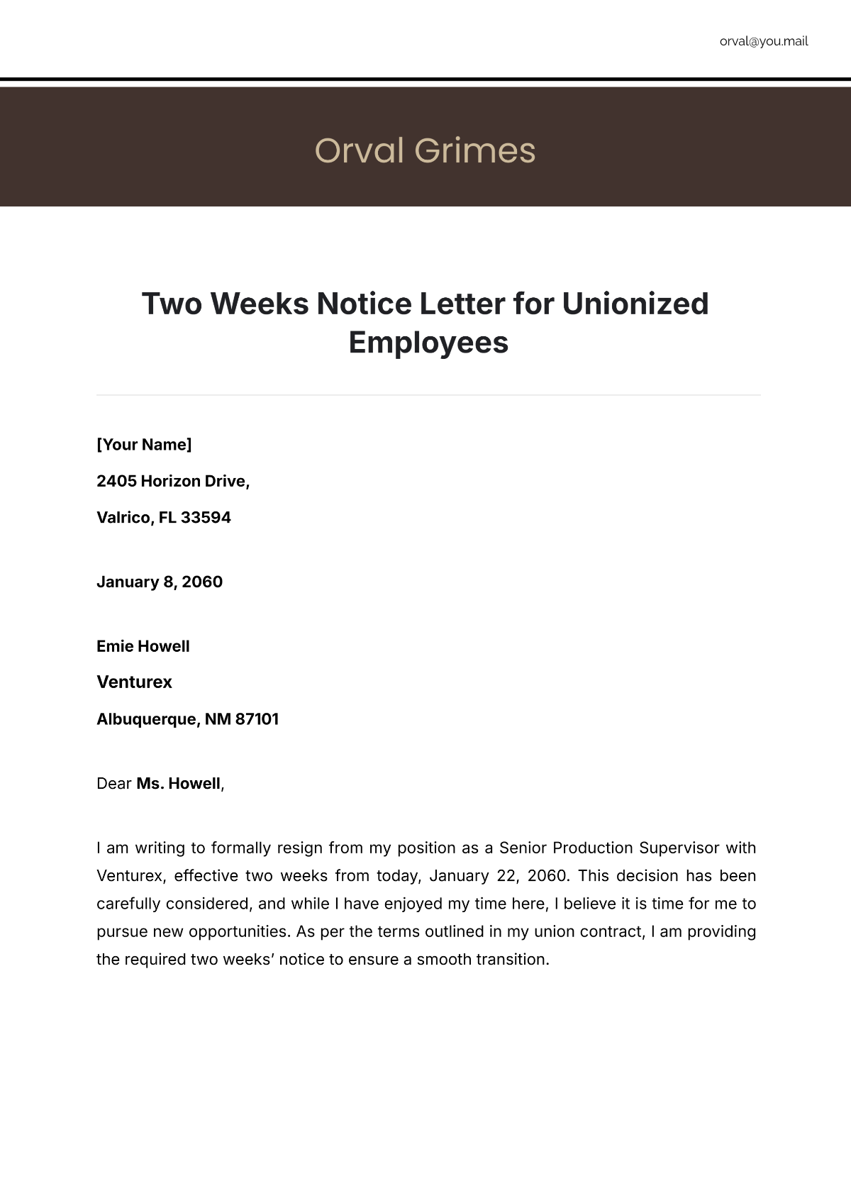 Free Two Weeks Notice Letter for Unionized Employees Template