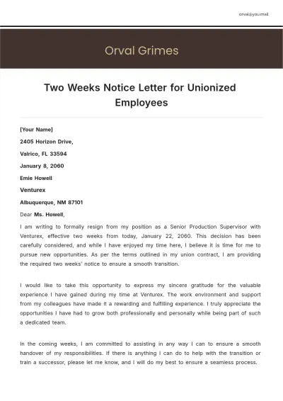 Free Two Weeks Notice Letter for Unionized Employees Template to Edit Online