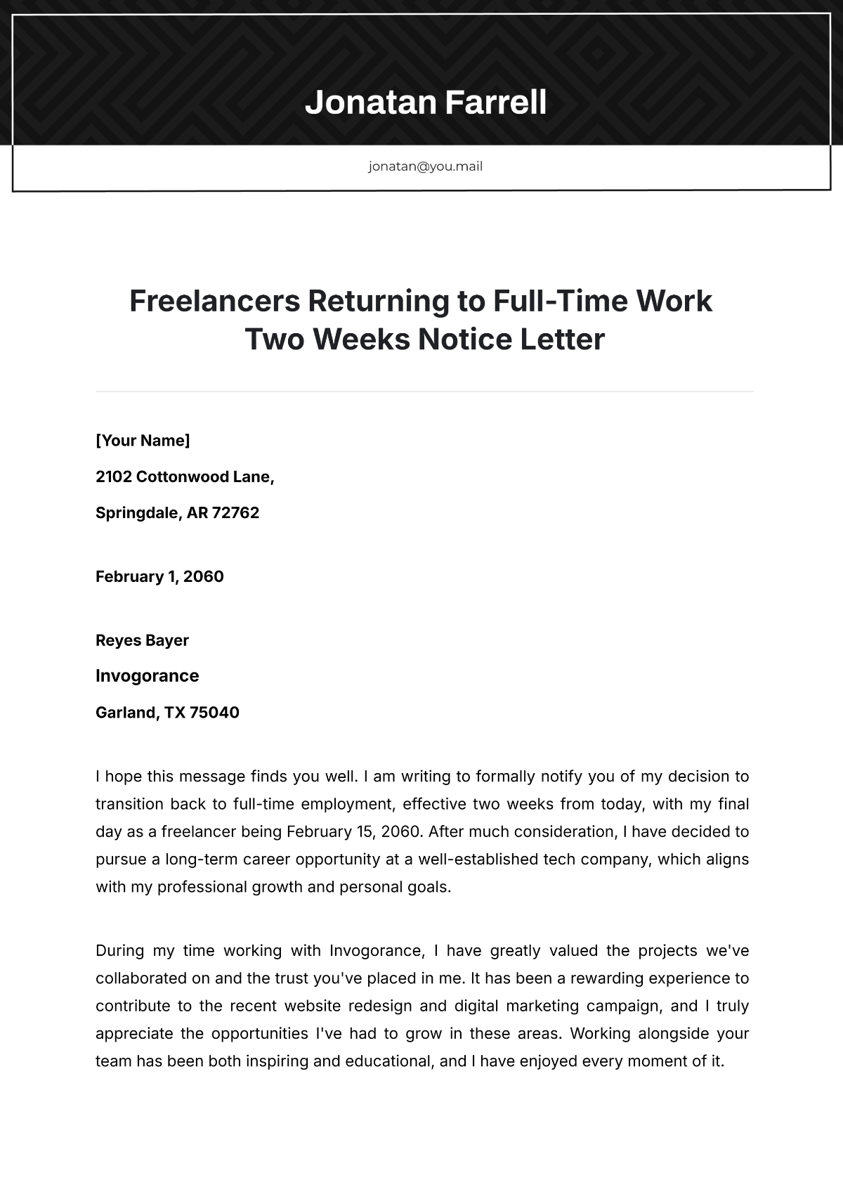 Freelancers Returning to Full-Time Work Two Weeks Notice Letter Template