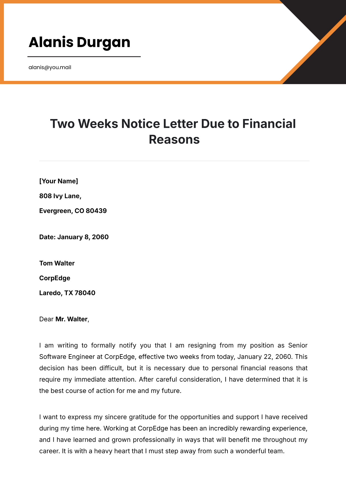 Free Two Weeks Notice Letter Due to Financial Reasons Template