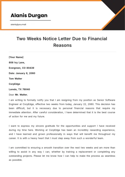 Free Two Weeks Notice Letter Due to Financial Reasons Template to Edit Online