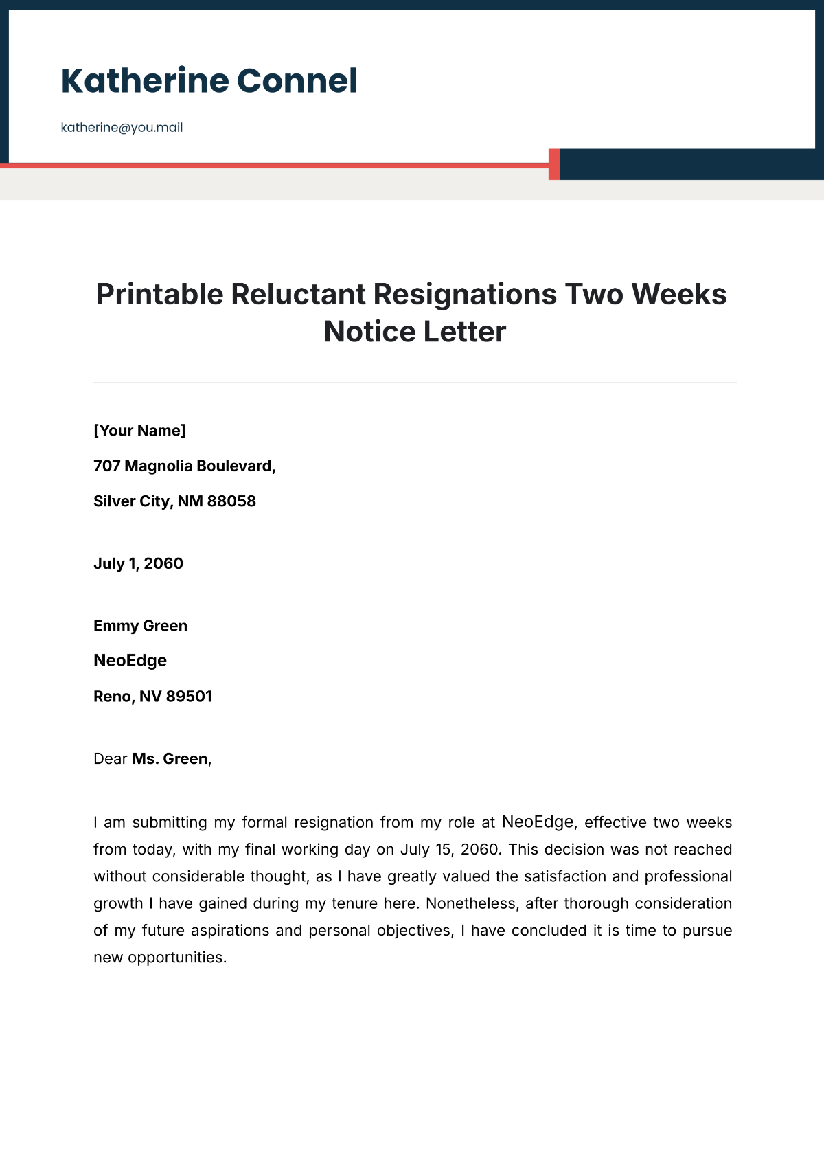 Free Printable Reluctant Resignations Two Weeks Notice Letter Template