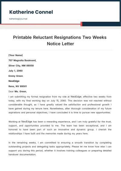 Free Printable Reluctant Resignations Two Weeks Notice Letter Template to Edit Online