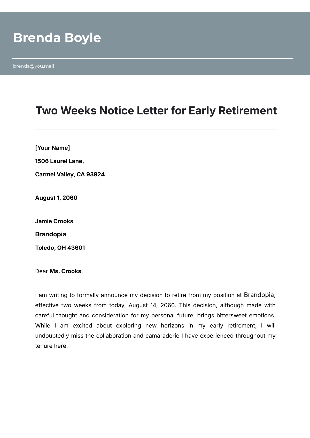 Free Two Weeks Notice Letter  for Early Retirement Template