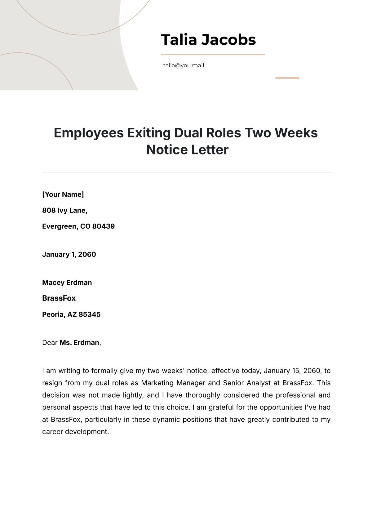 Free Employees Exiting Dual Roles Two Weeks Notice Letter Template